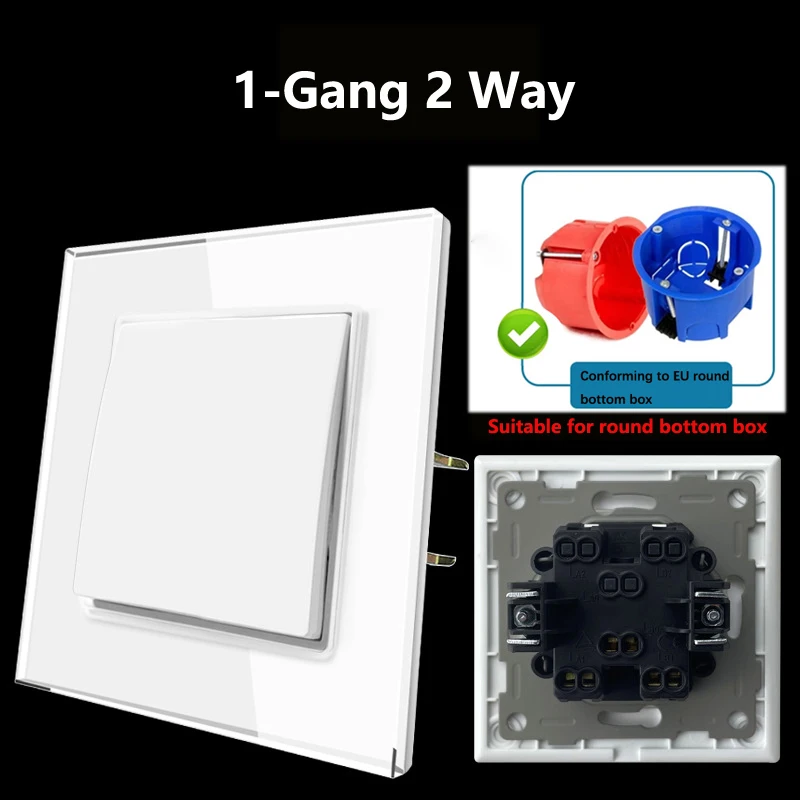 Wall Light Push Button Switch Tempered Glass White Panel 1-2 Gang 2 Way Switch EU Socket Suitable for Round Bottom Box