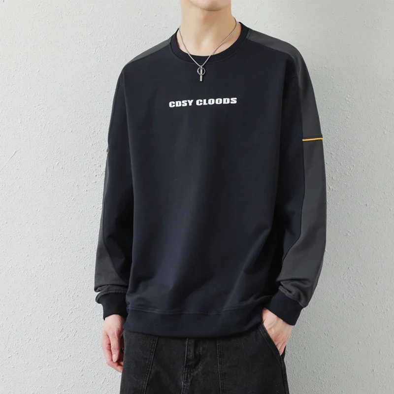 Letter Print Black Sweatshirts Mans Color Blocking Loose O Neck Casual Pullovers for Men Fashion Oversize Clothes