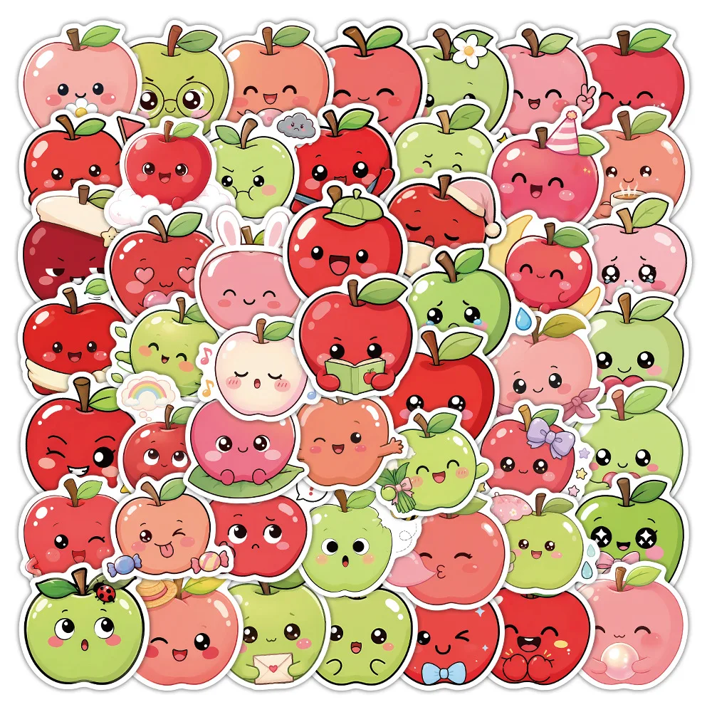 50-Pack Cute Apple Cartoon Fruit Stickers Waterproof Decoration Decals for Water Bottles Guitars Notebooks Creative Decal Art