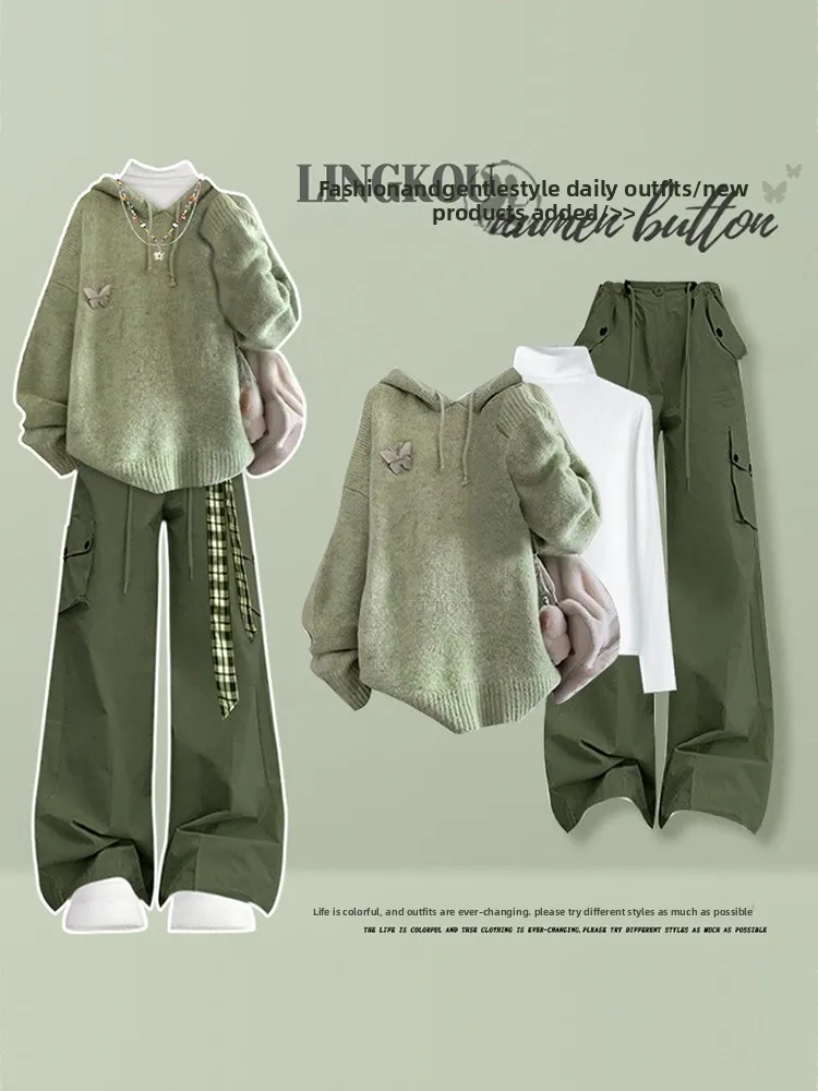 

Knitted Women's Set High Waist Long Pants Hoodie Slimming Workwear Three Piece Suite Autumn Fashion College Style Ensemble