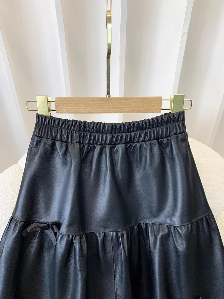 Women Fashion Genuine Leather Long Skirt Casual Loose Fit Elastic High Waist Sweet Bowknot Solid Color Lady Layers A-Line Skirts