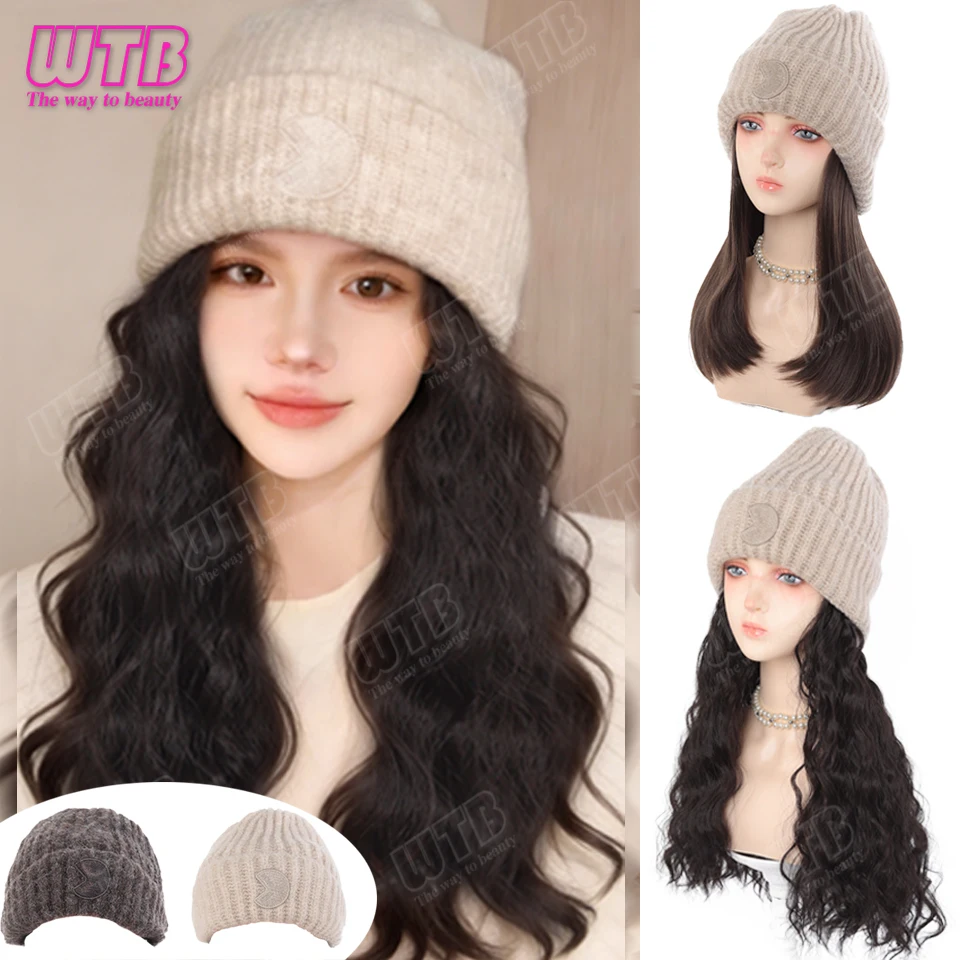 Synthetic Hat Wig for Women Warm Knitted Hat with Curling Hair Multiple Styles Suitable for Beginners and Daily Wear