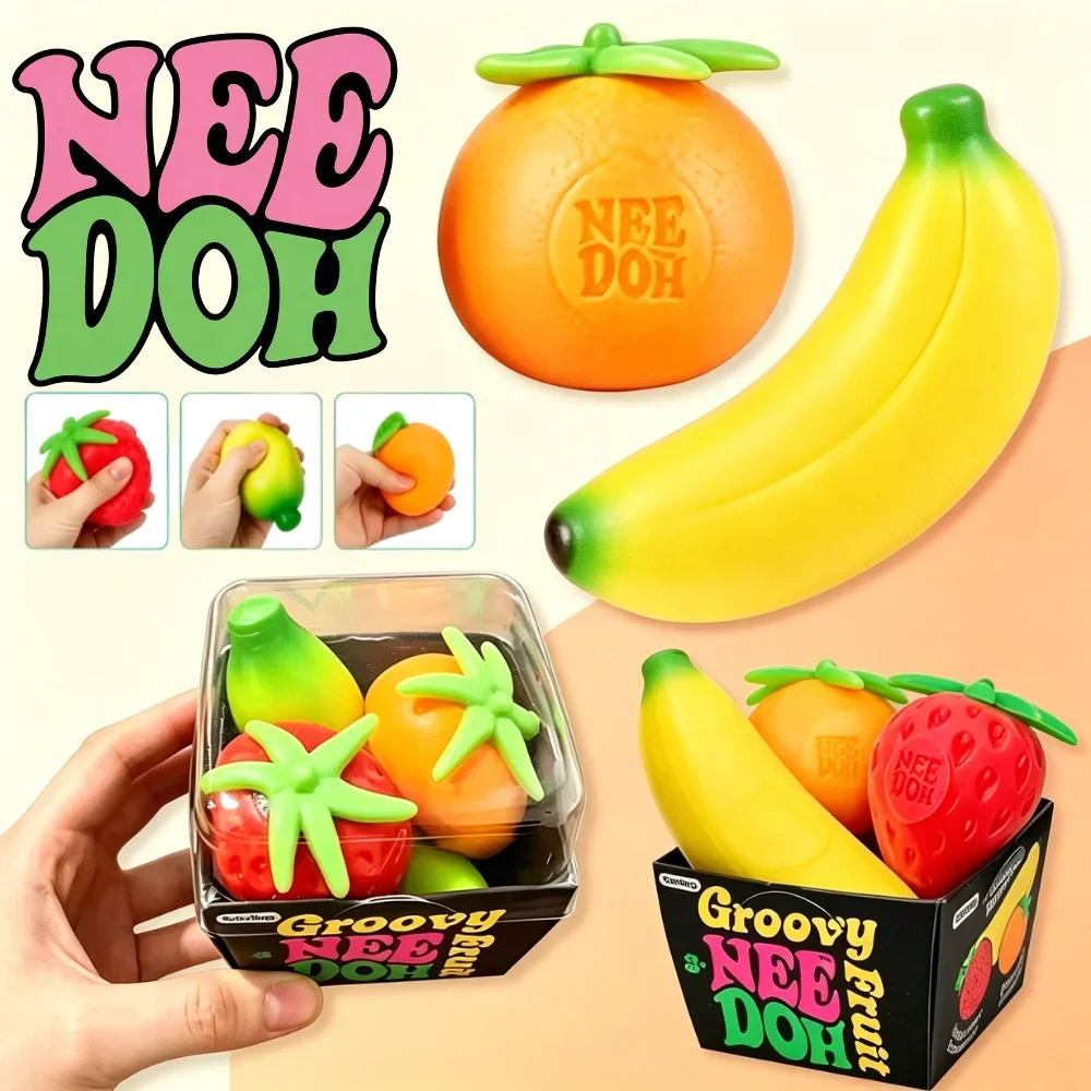 Hot sale Fruit NeeDoh Squishy Toy Simulated Strawberry Bananab Orange Fidget Sensory Toy Stress Relief Anti-Anxiety TPR Toys
