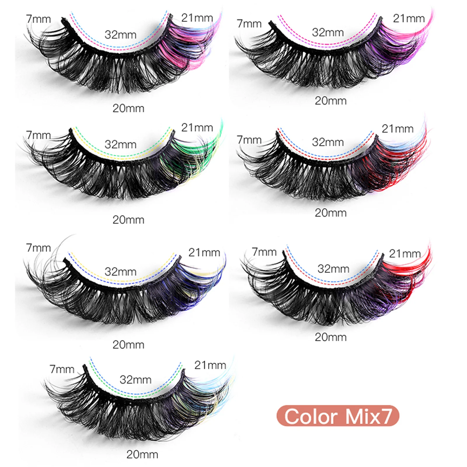 7 Pairs Colored Strip Lashes Fluffy Faux Mink D Curl Dramatic Long Thick Volume Fake Eyelashes