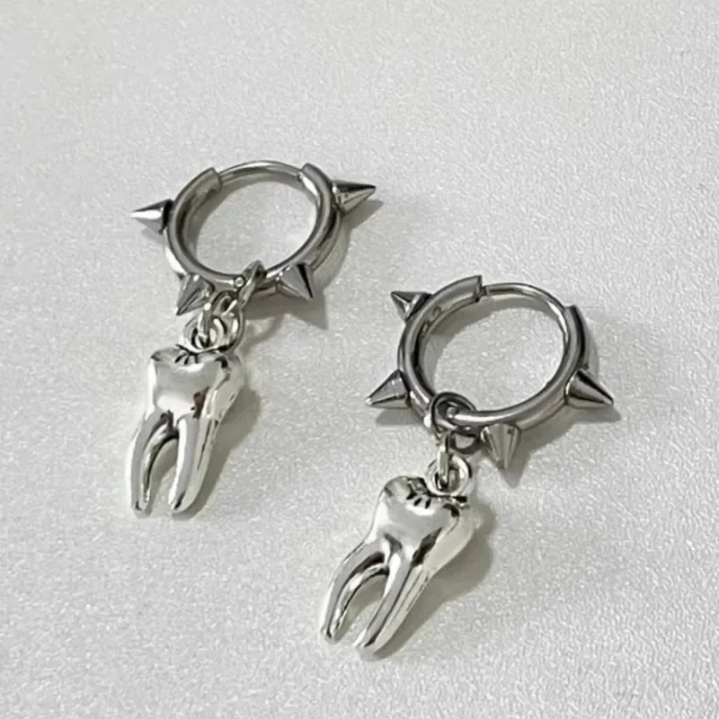 Y2k Gothic Hottie Stainless Steel Rivets Hoop Earrings Women Hip Hop Punk Teeth Heart Bow Star Dangle Earrings Party Jewelry