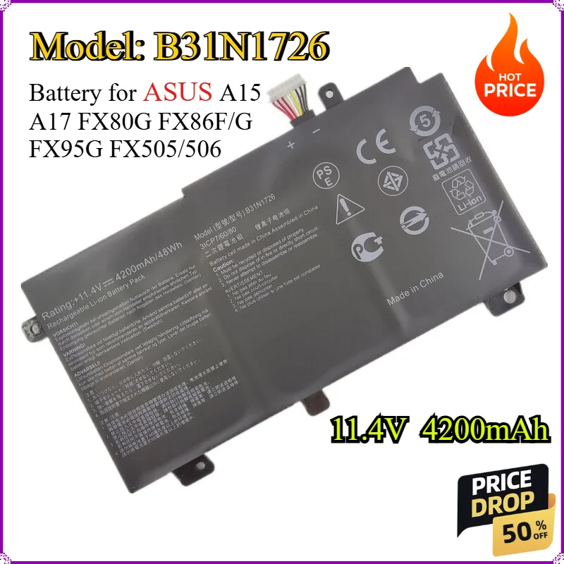 

B31N1726 4200mAh Battery for ASUS A15 A17 FX80G FX86F/G FX95G FX505/506 TUF Gaming FX504GD FX504GE FX505DT FX505DV
