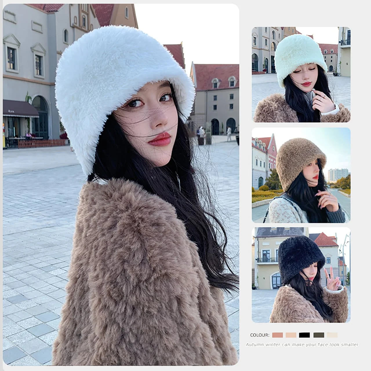 قبعة دلو شتوية من القطيفة للنساء سميكة ودافئة من الفرو المنفوش قبعة صياد كورية بلون سادة مريحة بنما #2