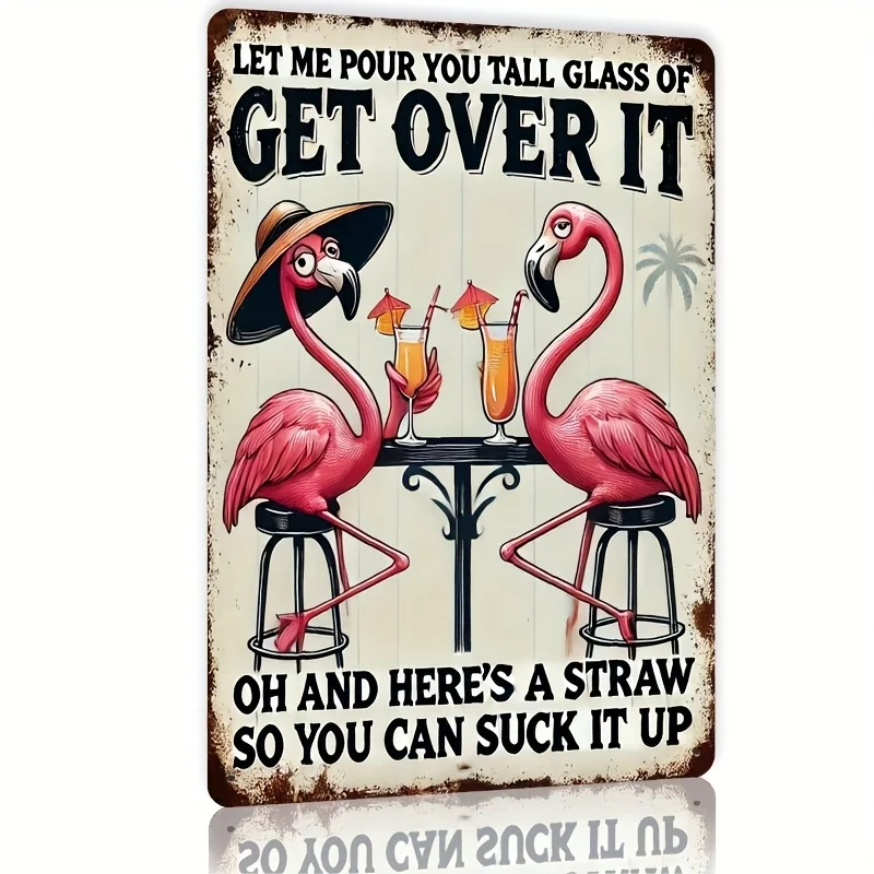 2D Flat,Vintage Flamingo Metal Wall Sign-Retro  Suitable for Home Bar,Cafe&Outdoor Decor,Tropical Flamingo & Roostertail Art