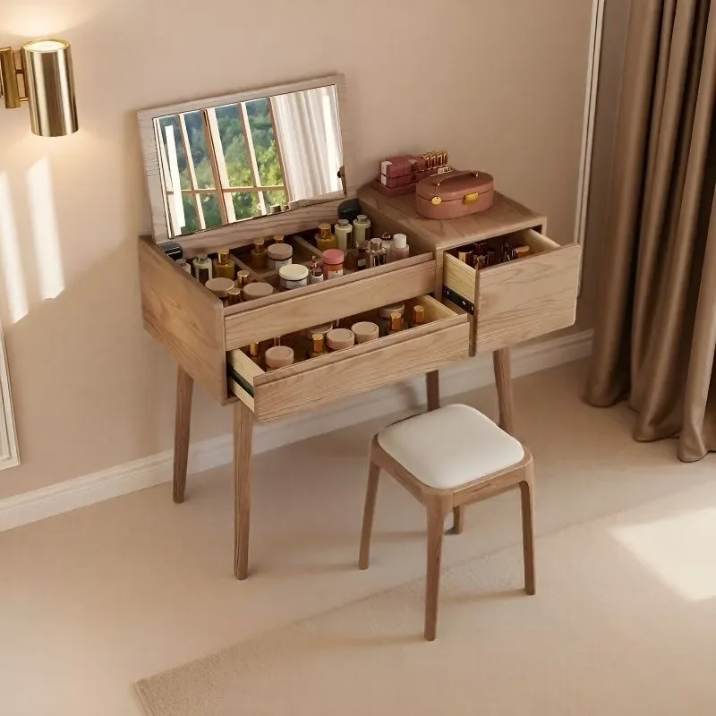 All Solid Wood Ash Clamshell Dressing Table with Mirror and Lamp Integrated Vanity Desk for Small Apartment Bedroom Simple