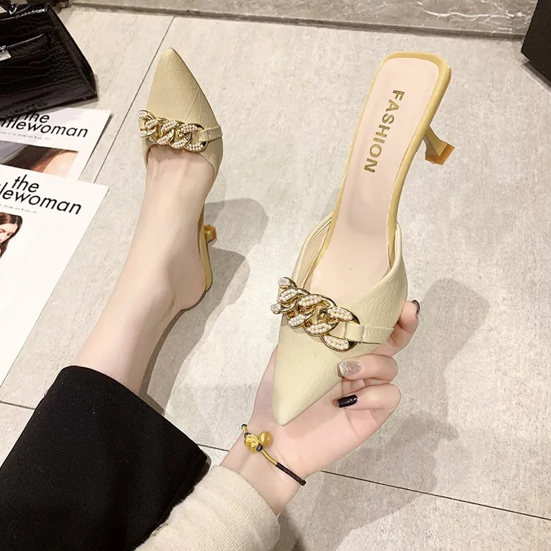 Metal Buckle Pointed Head Fashion Baotou Half Support 2025 Spring and Summer New Korean Version of Stiletto Shoes Women