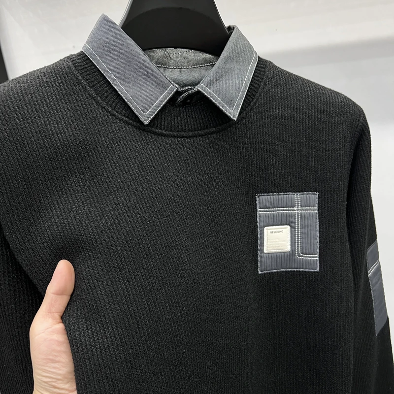 2025 Maglione da uomo invernale nuovo in pile intero finto in due pezzi moda casual lavorato a maglia con fondo in pile spesso