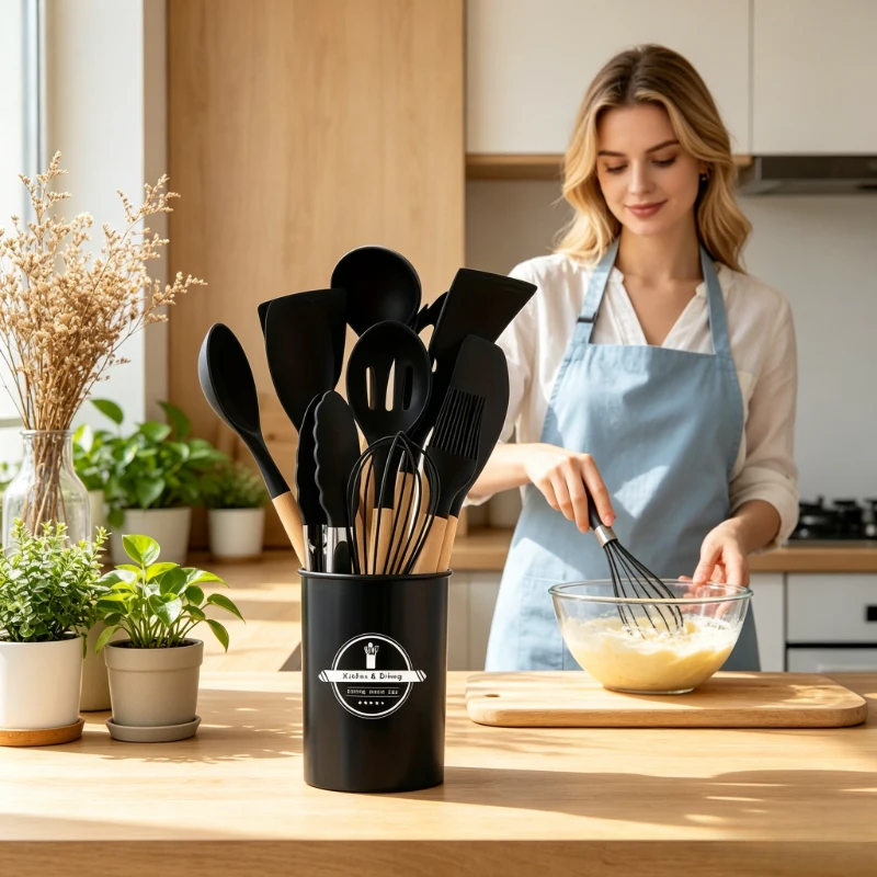 Black 12Pcs Wooden Handle Silicone Cookware Set, Non-stick Kitchen Tools, Practical Daily Kitchen Gift for Mother