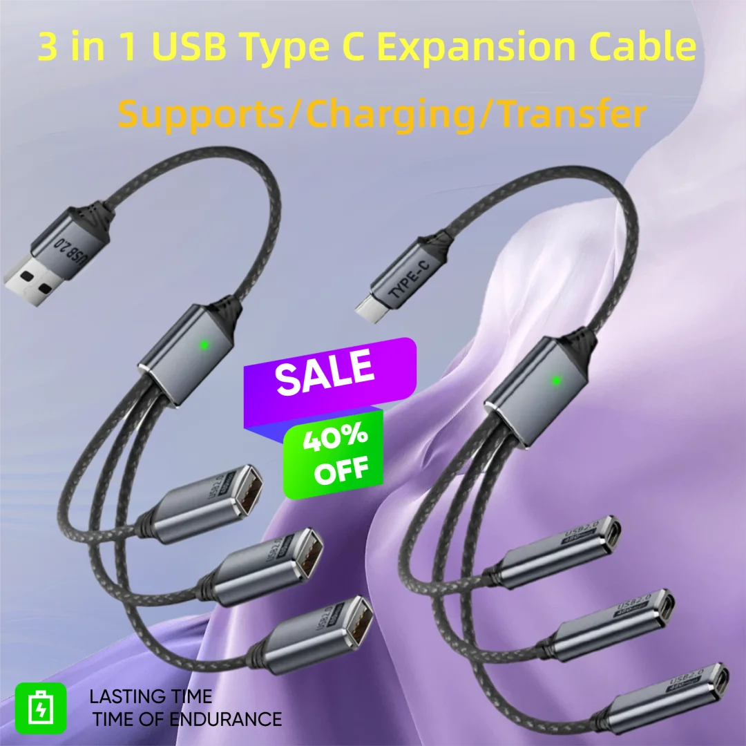 1Pcs 3 in 1 USB a Type-C Splitter Cable USB 2.0 Hub OTG Converter Adapter with Charging Data Transfer for Macbook Laptops