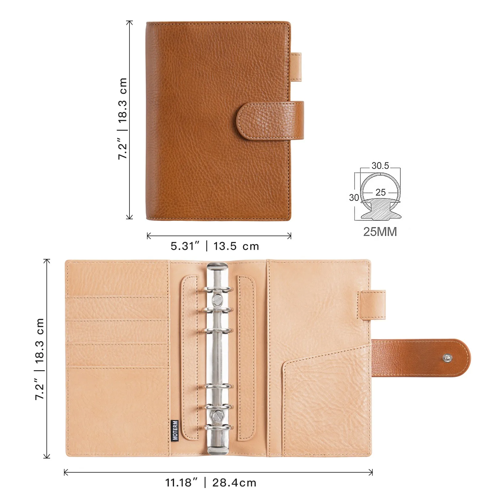 Moterm Personal Size Elite Rings Planner without Big Back Pocket Vegetable Tanned Leather Notebook with 25mm rings Organizer