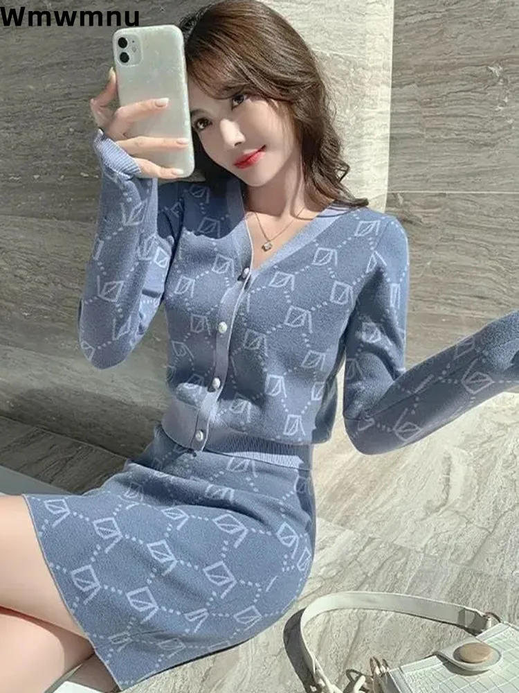 Y2k Plaid Knitwear Skirt Outfit Women Korean Slim Single Breasted Top Conjuntos Chic Fashion Knee-length Faldas 2 Piece Sets New