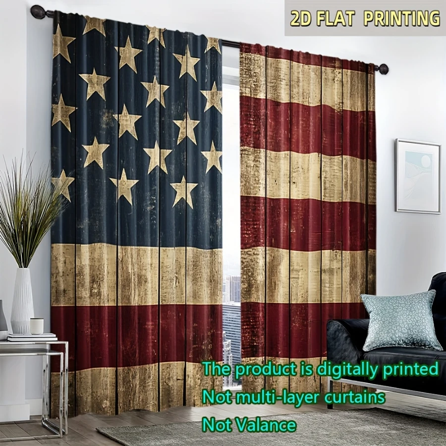 2PCS Digital Printed Curtains, Vintage American Flag Pattern, Retro Patriotic Style for Living Room Bedroom Home Decor