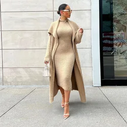 Women Flannel Lounge Maxi Dress and Lapel Long Open Cardigan with Belt Long Sleeve Trench 2022 Winter Sweatsuit Two 2 Piece Set