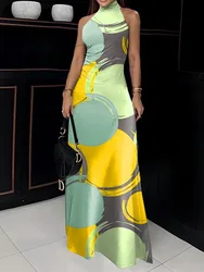 Yeezzi Female Stylish Colorful Printed High Neck Maxi Dresses 2024 New Summer Sleeveless Casual Pleated Skinny Long Dress Women