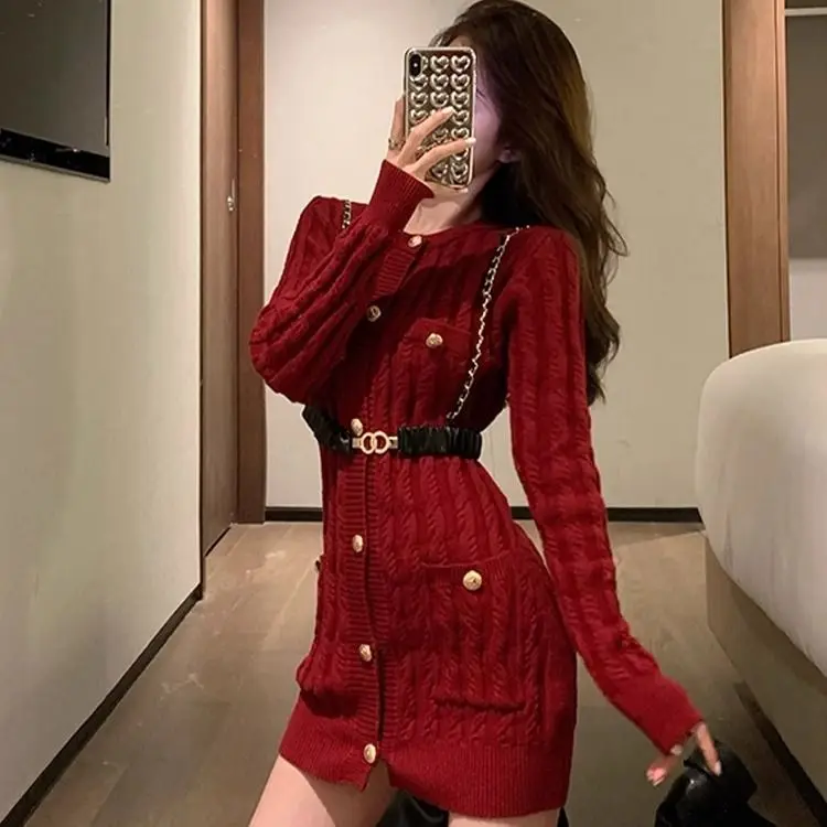 

Christmas Dress Limited 2024 Autumn Winter New Chinese Knitted Dress French Tweed Waist Knitted Hip Cover Sweater Dress