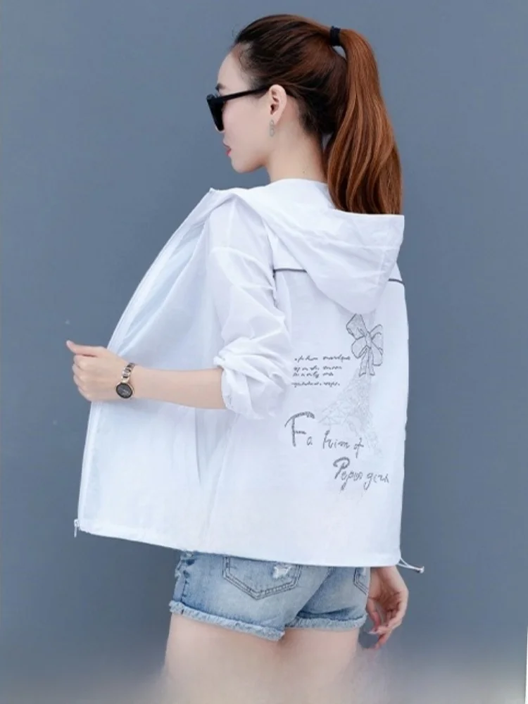 White Ice Silk UV Protection Women's Jacket Outdoor Hooded Coat Thin Breathable Commute Style Diamond Embellished Zipper