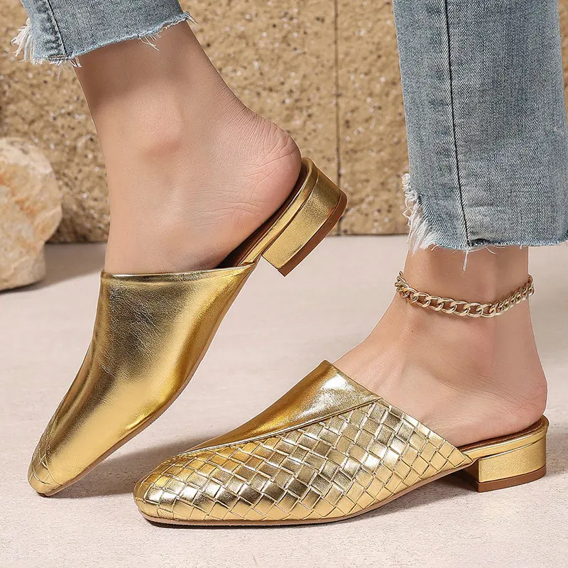 Shimmery Metallic Gold Silver Closed Toe Women Summer Slides Sandals Square Low Heels Slip-on Casual Mules Slippers Big Size 45