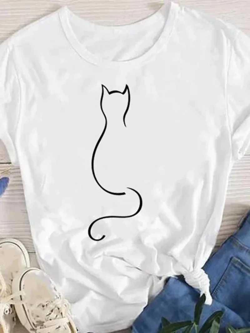 Camiseta de manga curta estampada feminina, tops femininos, T-shirt extragrande, gato fofo, animal, roupas gráficas, moda coreana, verão