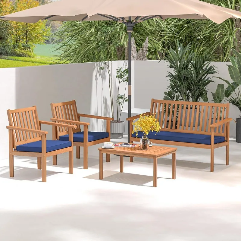 4 Piece Patio Wood Furniture Set, Wood Sofa Set w/Loveseat, 2 Chairs & Coffee Table, Soft Seat Cushions, Wood Furniture Set