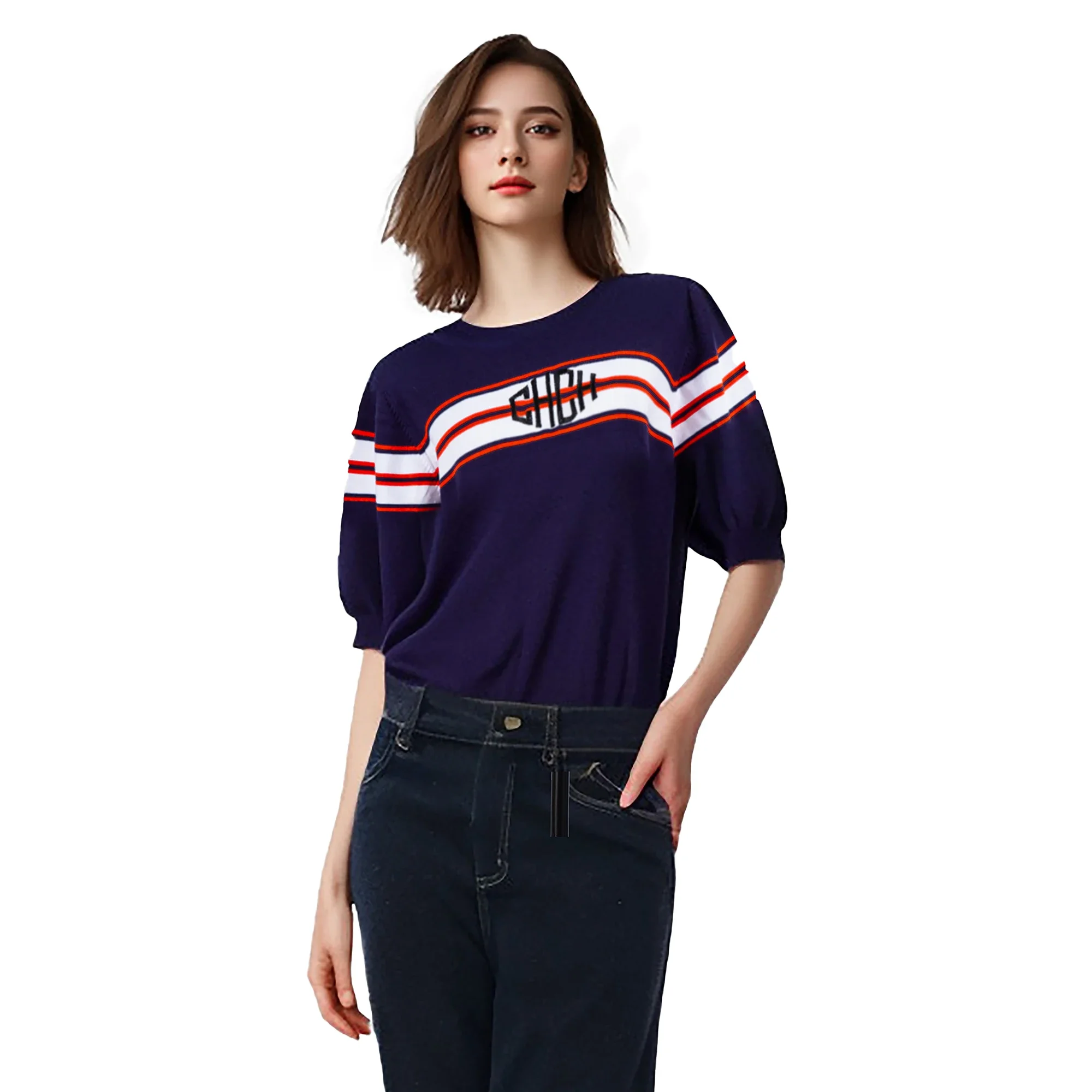 New Women T Shirt Short Sleeved Kintted Tops Embroidered Letters Tees Tops O Neck Fashion Sofe Office Ladies Shirts