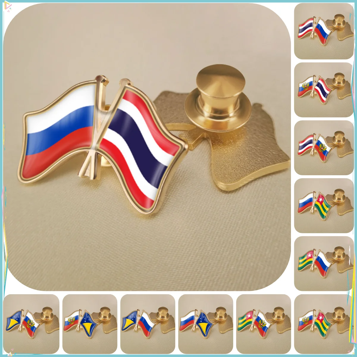 Russian Federation and Thailand Togo Tokelau Double Crossed Friendship Flags Brooches Lapel Pins Badges