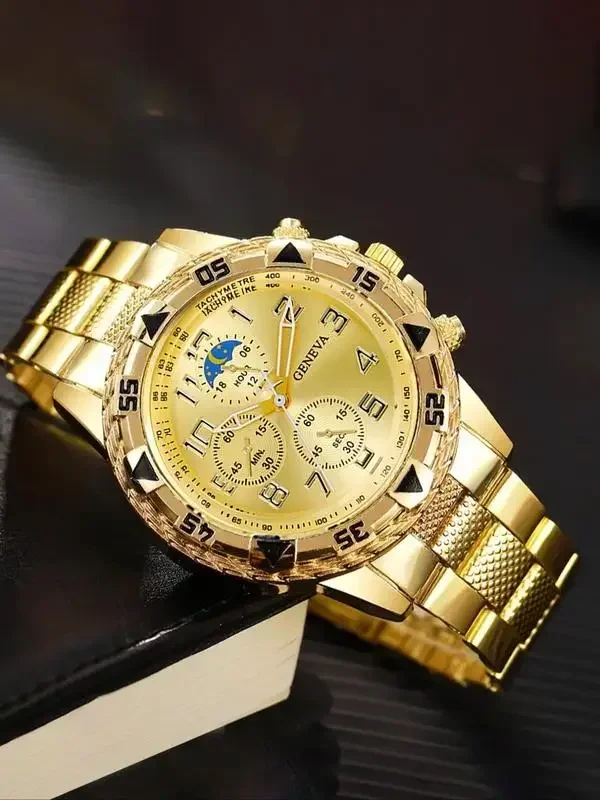 Hot Sale Geneva Men Sports Watch Multi Sub-dial Moon Phase Display Quartz Wristwatch Fashion Casual Male Wristwatch Gift For Him