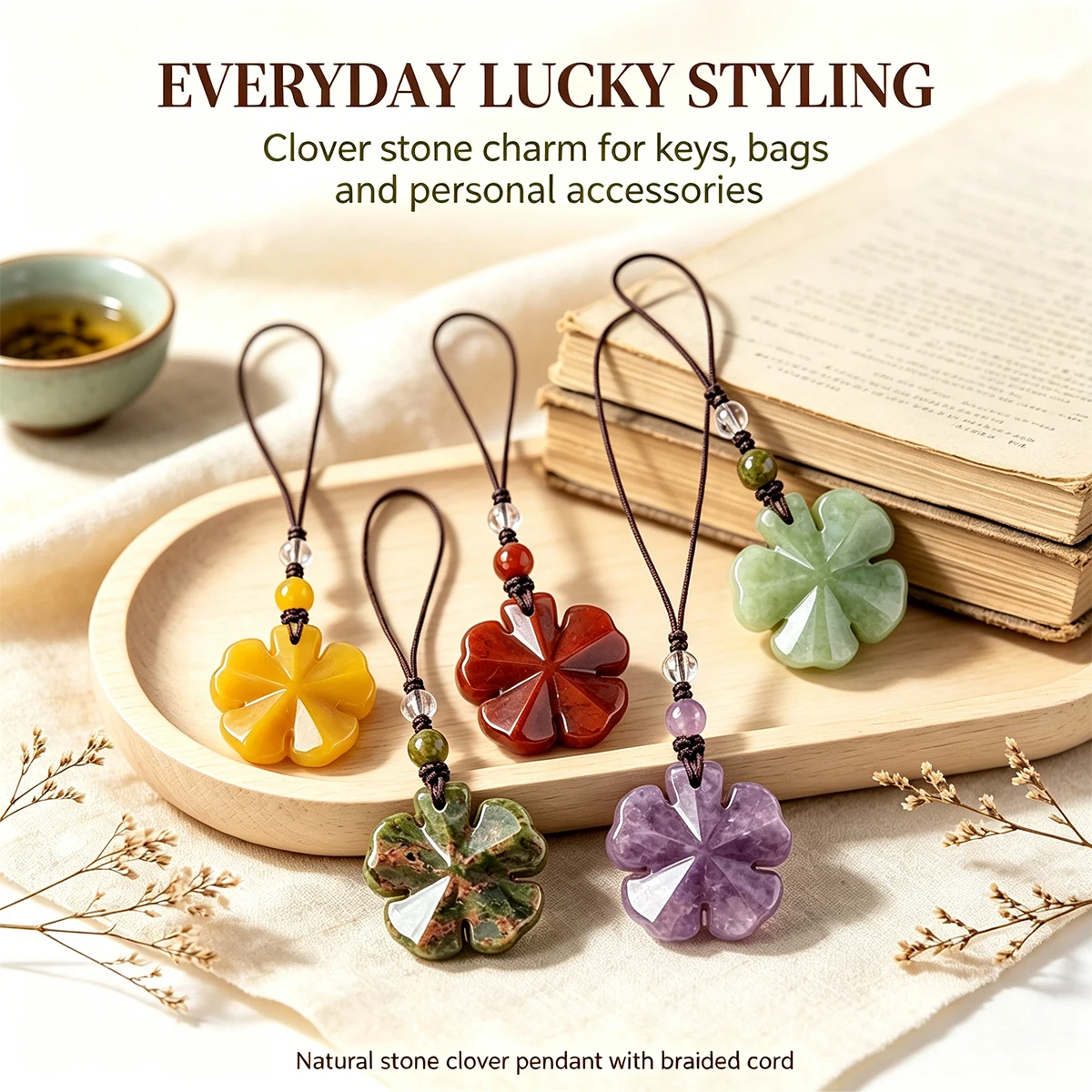 1PC Natural Crystal Four Leaf Clover Phone Charm Handmade Stone Pendant Bag Key Strap Women Mobile Phone Lanyard Decor Gift