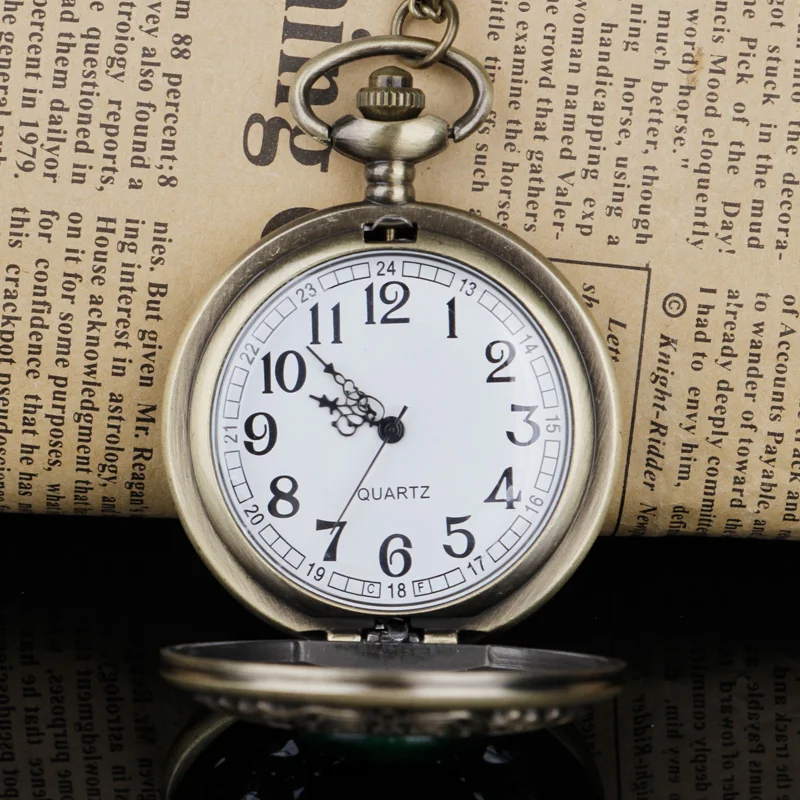 Steampunk hueco verde cristal Esmeralda imitación piedra cuarzo reloj de bolsillo collar mujer Fob reloj joyería colgante cadena