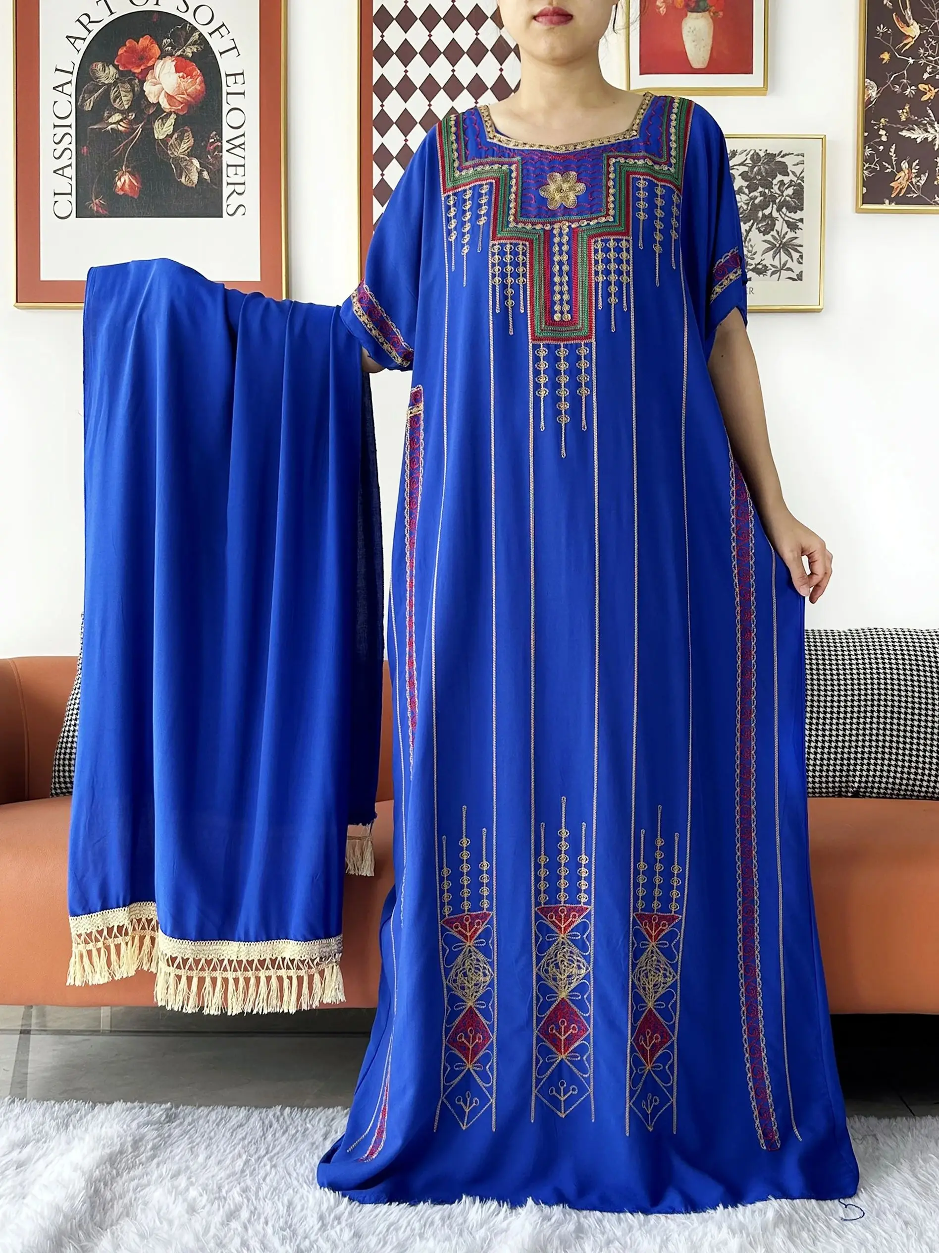 2024 New Dashiki Women Short Sleeve Floral Dress Lace Embroidered Floral Boubou Maxi Islam Women Dress African Abaya Clothes