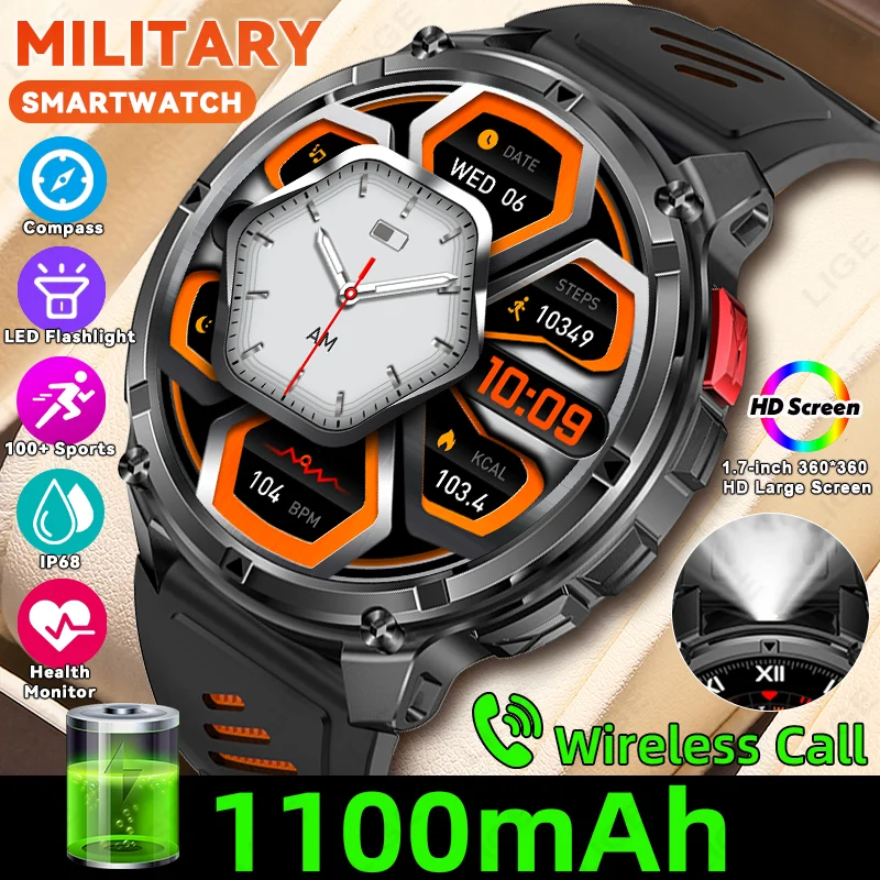 

LIGE новые военные умные часы 1100 мАч, аккумулятор, компас, светодиодный фонарик, мужские спортивные часы на открытом воздухе, Bluetooth-вызов, 1,7 дюйма, HD умные часы
