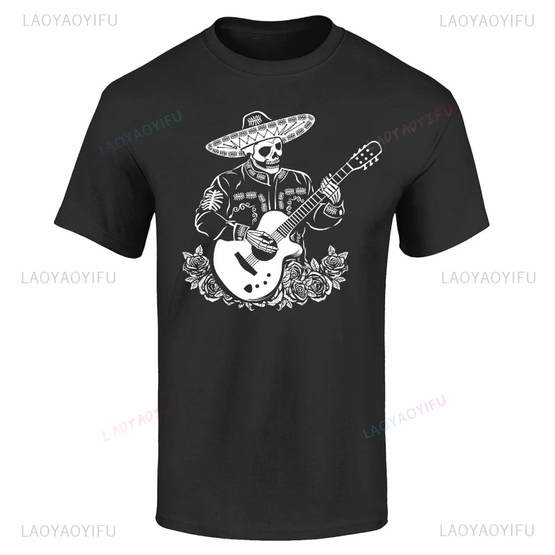 Mariachi Skeleton Guitar T-shirt Day of The Dead Halloween Shirts Unisex Cotton Shirts Anime Clothes Funny Pattern O-neck Tees