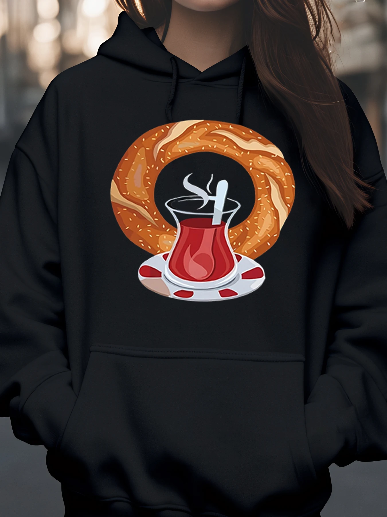 

Толстовка с принтом турецкого чая и бублика, осенняя повседневная одежда, женская мода