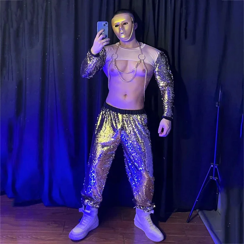 Nightclub Gogo Dancer Costume Sexy Muscular Man Gold Sequin Suit Rave Outfit Male Pole Dance Clothing Stage Clubwear XS3142