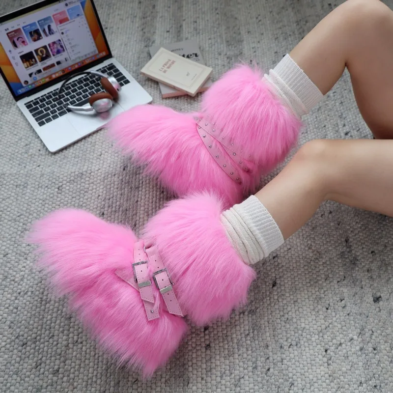 

Mid Calf Pink Boots Women Fluffy Warm Thick Soled Slip-On Buckle Round Toe High Heels Shoes Female Party Trendy Sweet Snow Boots