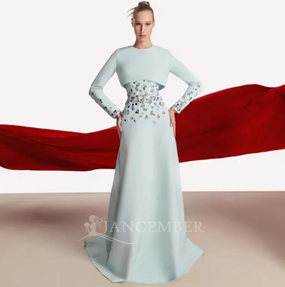 Luxury Graduation Prom Dress Long Sleeves Beaded O Neck A Line Prom Gowns Light Green Elegant Formal Party Dresses Ls03 Customiz