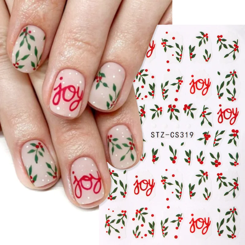 2pcs Christmas Holly Nail Art Stickers Xmas Flower Leaf Designs Jolly New Year Winter Adhesive Decals Sliders Decoration