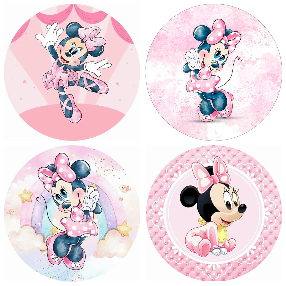 

Cute Pink Red Minnie Mouse Round Backdrop Cover for Girls Newborn Baby Shower 1st Birthday Party Circle Backgrounds