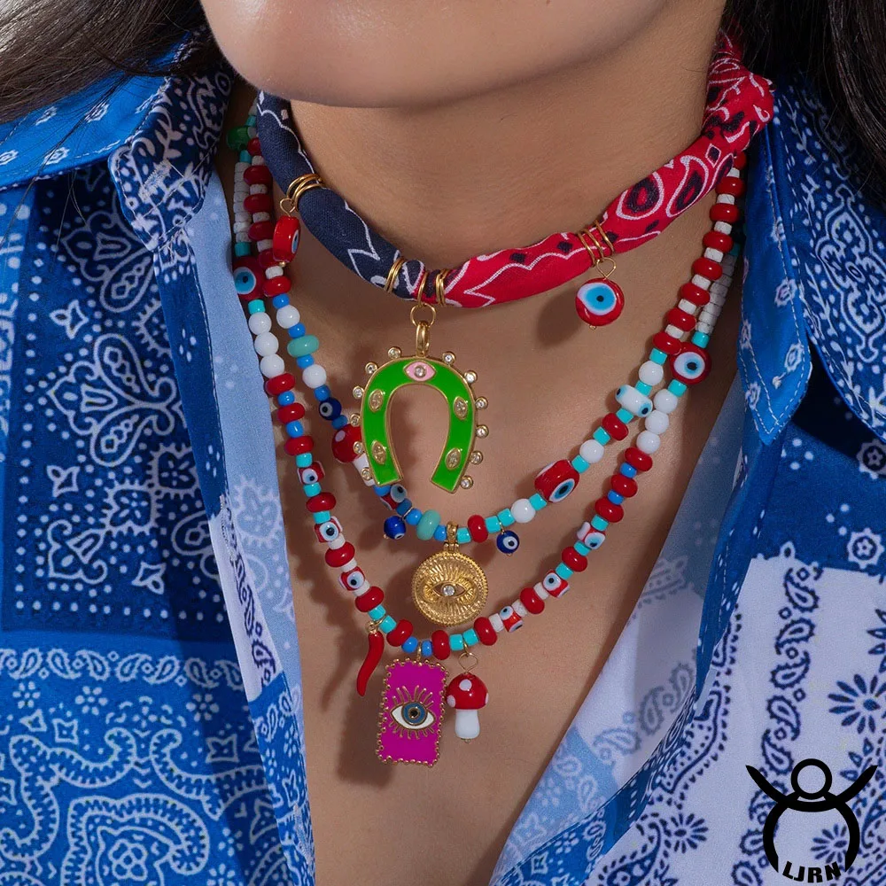 2025 New Necklace Stainless Steel Fish Devil Eye Enamel Pendant Silk Scarf Beaded Handmade Choker Accessories Women Jewelry Gift
