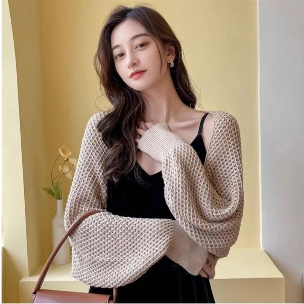 

Oversized Hollow Out Cardigan Top Solid Color Long Sleeve Knitted Cardigan Breathable Sun Protection Loose Cardigan Beach Wear