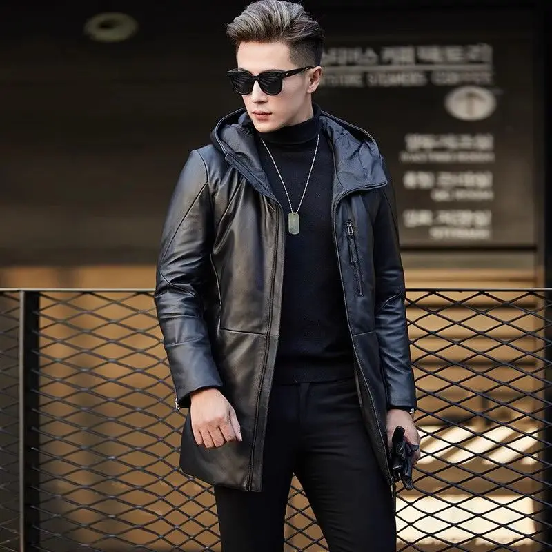 Genuine Leather Coat Men Mid length Hooded Sheepskin Puffer Jacket Man Winter Detachable Access Control Leather Down Coat Male