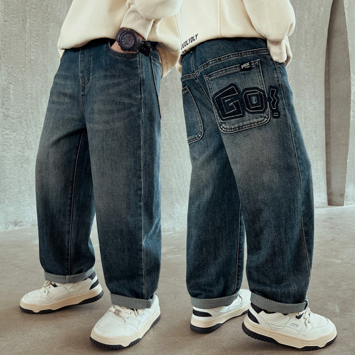 Vintage Boys Jeans Knife Edge Distressed Cool Children Long Pants Fashionable Retro Trousers for Kids Middle And Large Size