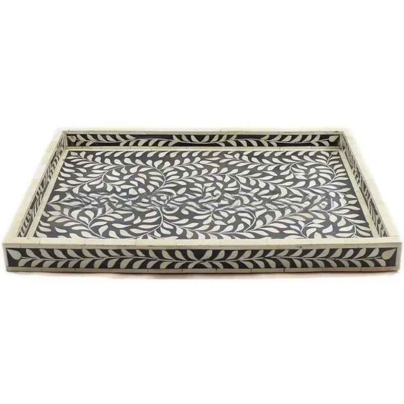 

The handmade bone inlay service tray features decorative wood, bamboo, MDF, acrylic, plastic and marble