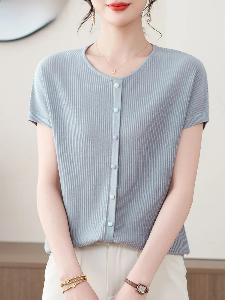 

Трикотажная футболка из ледяного шелка с коротким рукавом, повседневный женский топ, модный свободный крой, круглый вырез, тонкая летняя модная одежда для мам