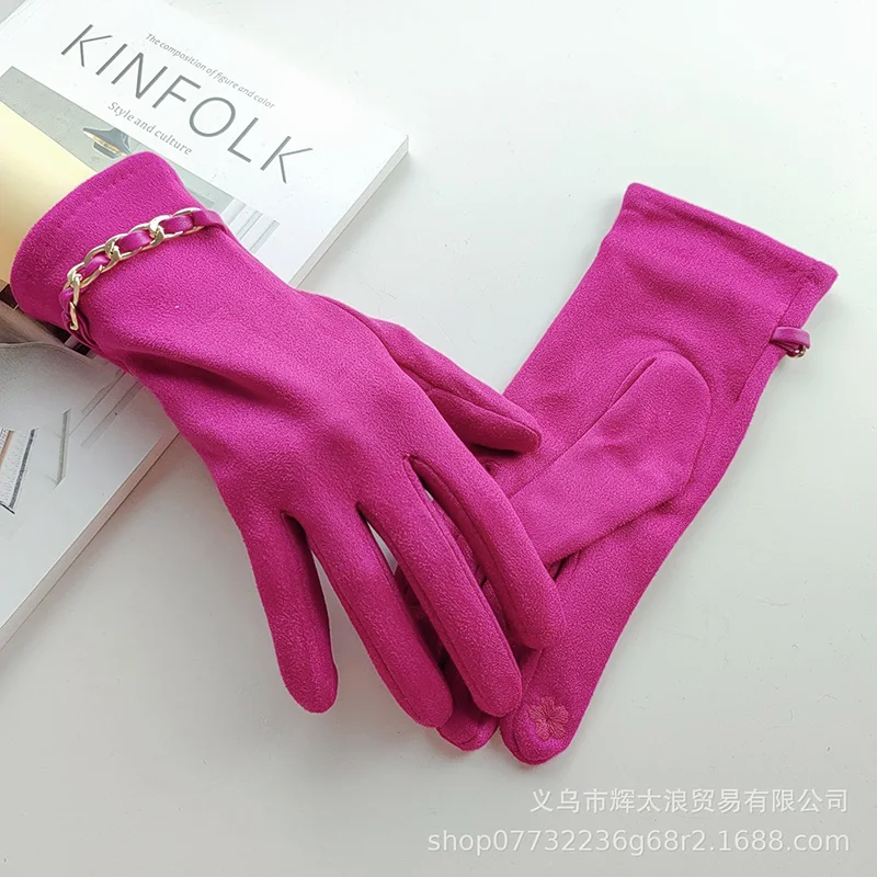 Women Winter Coldproof Touch Screen Driving Warm Glove Metal Leather Chain Suede Leather Windproof Cycling Mitten R79