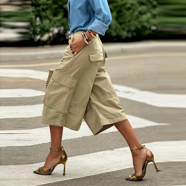 Krisstarsgirls Summer Woman Wide Leg Capris Pants with Pockets 2025 New Trendy Cotton Clothes Loose Cropped Cargo Pants Female