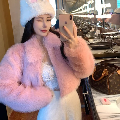 여성용 짧은 스타일 퍼 코트 고급감 있는 핑크색 부드러운 달콤한 스타일의 짧은 레인저 캐주얼 패션 동물 퍼